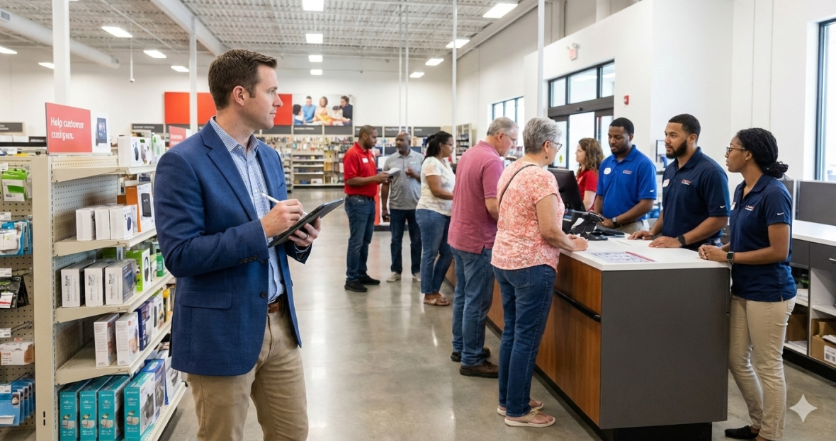 Mystery shopping professional observing frontline operations to assess execution