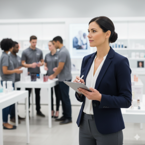 Customer experience measurement professional observing in-store service while taking notes on a tablet